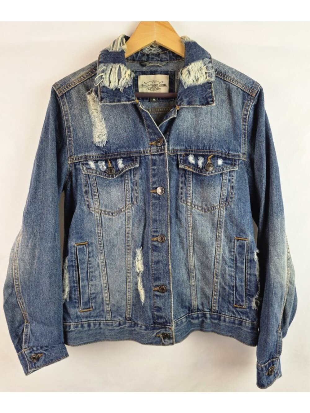Ashley Vintage Charm Women's Jean Jacket Size Medium Blue Distressed Denim Coat